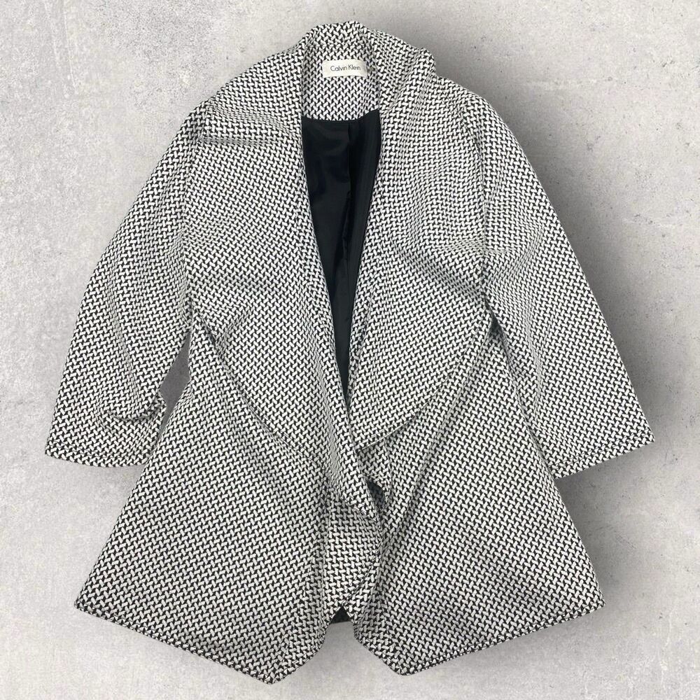 CALVIN KLEIN Women Blazer‎ 8 Black White Houndstooth Open Front Waterfall Office
